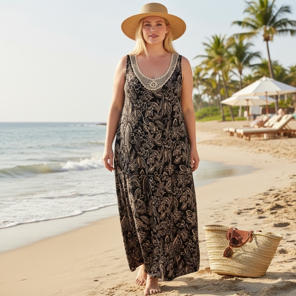 Kim Rogers Floral Crochet Lace Neck Tiered Rayon Maxi Dress Boho Beachy Size 1X